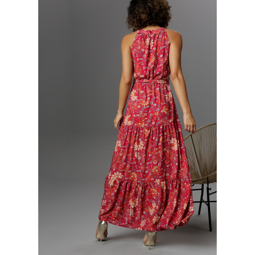 Damenmode Kleider Aniston CASUAL Sommerkleid, mit fantasievollem Blumendruck rot-orange-sand-weiß-helltürkis-beere-braun-smaragd